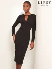 Lipsy Black Lace Sleeve Keyhole Ruched Long Sleeve Bodycon Midi Dress (AN8479) | $68