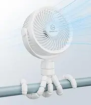 LEMOISTAR Portable Stroller Fan, 5000mAh Battery Rechargeable Flexible Max 28H, 4 Speed, Handheld Desk Fan with Flexible Tripod for Travel Car Seat Bedroom Crib (White)