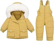 [JELEUON] Baby Girls Two Piece Winter Warm Hooded Fur Trim Snowsuit Puffer Down Jacket with Snow Ski Bib Pants Outfits
