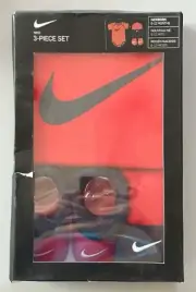 Nike Baby Hat, Bodysuit, Booties 3 Piece Gift Box Set Red Swoosh 6-12 Mths
