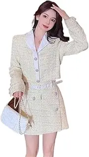 [JYHBHMZG] Autumn Wind Yellow Tweed Two Piece Sets Women's Short Coat+High Waist Woolen Mini Skirt Female Outfits