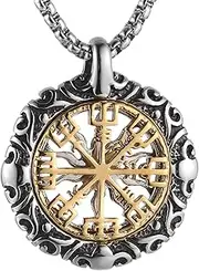 [HZMAN] Viking Vegvisir Norse Compass Stainless Steel Necklace Double-Sided Hollow Engraving Sun Totem Pendant Norse Amulet Jewelry
