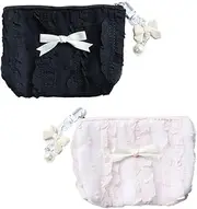 [CATOR] Pack of 2 Mini Purse Bags, Bag with Lace Bow, Small Mini Canvas Purse with Zip, Cute Canvas Wallet, Makeup Bag, Coin Bags (Pink and Black)
