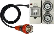 Power Board 5 Pin 32 Amp Three Phase to 2 x 3 Pin Round 20 Amp Single Phase Outlet RCBO Protected