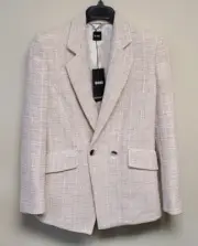 $645 BOSS Women Jacket Blazer in Tweed Beige Pattern Regular Fit - Size 4 / 26