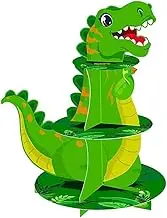 AIMALL Dinosaur Party Cake Stand, Three-Tier Cardboard Cupcake Holder, Waterproof Birthday Display in Pink and Green, 13.3" Height