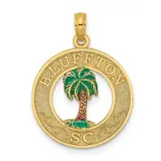 14k Yellow Gold BLUFFTON SC Circle Enameled Palm Tree Pendant Charm