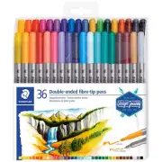 36 Brilliant Colours! Staedtler Double Ended Fibre Twin Tip Brush Markers Set