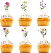 24 Pcs Wildflower Cupcake Toppers, Flower Disposable Cupcake Decorations, Paper Floral Cake toppers for Birthday Parties Weddings Festive Days (24 Pcs Multi-colored)