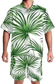 [KQNZT] Mens Hawaiian Sets, 2 Piece Set for Men, Beach Outfits for Men, Tropical Leaf Flower Parrot, Mens Matching Shirt and Shorts Set