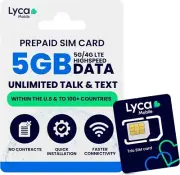 Lycamobile Prepaid SIM Card 5GB 4G/5G Unlimited Data-Talk, Text to 100 Countries