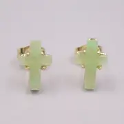 Yellow Gold Plated Alloy with Heated Green Jade Cross Stud Earrings 11mm Width