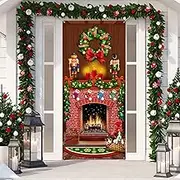 Tiamon Merry Christmas Door Cover Christmas Fireplace Door Cover Backdrops Xmas Tree Printed Banner Background Xmas Nutcracker Porch Hanging Decorations, 6.5 x 3 Feet