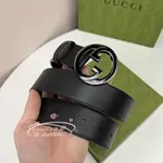 精品二手 GUCCI 古馳 GG金/銀扣 黑色光滑牛皮 男生皮帶 腰帶 400593