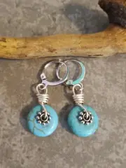 UNIQUE SMALL TURQUOI HOWLITE BUTTON BEAD/SILVER ACCENT AND WIRE WRAP EARRINGS