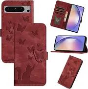 [Refilerss] Flip Case for Google Pixel 8 Pro 6.7 Inch PU Leather Wallet Case with Card Slot Magnetic Clasp Stand Function Cover Cat Butterfly Pattern - Red