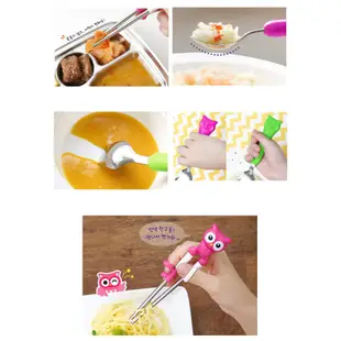 韓國進口 Edison 愛迪生 Owl 貓頭鷹 不銹鋼兒童學習筷湯筷餐具組-粉 (右手專用)