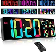 XREXS 16.5 Inch Wall Clock Digital Large [RGB], Digital Wall Clock with 10 Colours, Remote Control, Brightness/Volume Adjustable, Hourly Chime, Digital Calendar and Hygrometer, Cable Powered