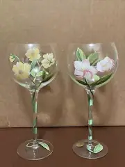 2 Block Crystal Hand Painted & Hand Blown Wine Glasses 9.5”