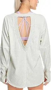 [DSAoTeng] Women's Open Back Long Sleeve Tops - with Thumb Holes Casual Solid Color Loose Fit Backless Hollow Out Athletic Shirt,U-Shaped Hem Yoga Gym Running Sportswear Top