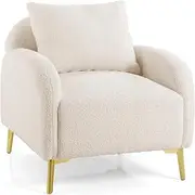 Giantex Modern Upholstered Accent Chair w/Removable Pillow, Teddy Club Armchair w/Soft Padded Seat & Stable Metal Legs, Comfy Single Sofa Chair for Living Room, Bedroom, Waiting Room, White