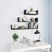 Floating Shelves Oak Wood Wall Shelf Hanging Ledge Frame - Grey High Gloss Engineered Display Shelves Set - 3 Pieces