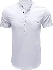 [Maiyifu-GJ] Men's Casual Cotton Linen Short Sleeve Summer Lightweight Beach Tops Plain Button Up Pockets T Shirt