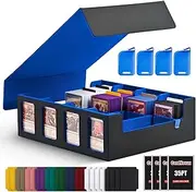 CardNovux Trading Card Storage Box with Commander Display; 2400+ Deck Box for MTG with Removable Cover; Toploader Card Case fits Magic TCG PTCG Sports Cards; 24 Dividers, 4 Stoppers (Black & Blue)