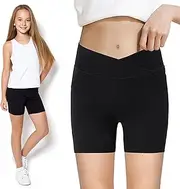 [ZukoCert] Girls Athletic Shorts Slim Tummy Control, V Cross Waist Biker Leggings, Perfect for Volleyball, Dance, Gymnastics