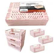 Foldable Stackable Desktop Organizer Storage Crate Boxes Collapsible 3 Pack Pink