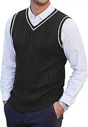 [SWJGLITTR] Mens V-Neck Knitted Sweater Vest Cable Knit Slim Fit Pullover Vests Casual Sleeveless Sweater Vest, Black, Large