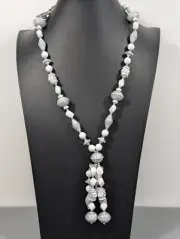 Vintage Genuine Lucite White Gray Asian Style Tassel Bead Statement Necklace 24"