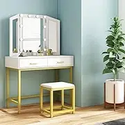 Luxsuite Dressing Table Set with Tri-Folding Mirror Vanity Makeup Desk with Stool 10 LED Lighted Bedroom Dressing Furniture White