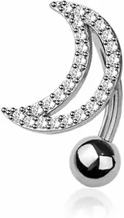 [Pierced Owl] 14GA 316L Stainless Steel CZ Crystal Crescent Moon Reverse Belly Button Ring