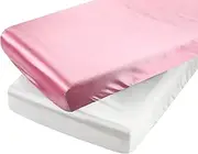 Satin Pack n Play Sheet Set 2 Pack Ultra Soft Silk Fitted Mini Crib Sheets Playard Sheet Protect for Baby Hair and Skin, Pink & White