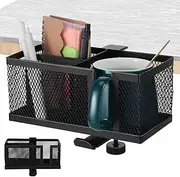 Operitacx Metal Clip On Cup Holder, 4in 1 Cup Holder Clamp for Gaming Desk or Table, Clamp on Under Desk Headphone Hanger for Salon Chair, Bedside, Water Bottles, Drinks, Headphones