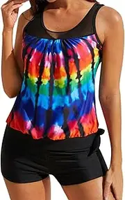 [Generic] Bathing Suit with Underwire Bra Support Women's Rainbow Tie Dye Printed Mesh Patchwork Tankini Suit Swimsuit Gothic Shirts for Teens