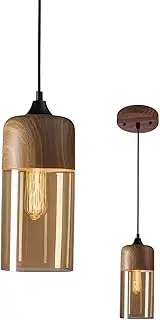 Modern Amber Glass Pendant Light for Kitchen Island, Vintage Hanging Ceiling Light Fixture with Adjustable Cord, Metal Wood Grain Pendant Light Shade for Dining Room Bedroom Bar (B,M)