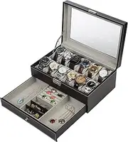 [READAEER] Black Leather Watch Box Jewelry Display Case with Drawers, Jewelry Box (12 Slots with 2 Layers)