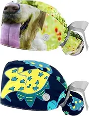[WOSHJIUK] Working Hat 2 Pack Scrub Caps for Women,Golden Retriever Dog Field Flowers,Tie Back Cap Adjustable Scrub Hat