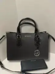 Michael Kors Sheila Black Medium Silver-Toned Satchel Bag Handbag Purse + Wallet