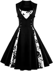 [MSEVRNY] Women's Vintage Polka Dot Retro Cocktail Party Swing Dress Double Breasted Floral 1950s Patchwork Audrey Dress