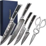 Sunnecko 5PCS Kitchen Knife Set Chef Knife Damascus Steel Fruit Paring Slicing