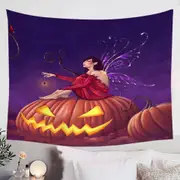 Fantasy Halloween Witch Fairy and Scary Pumpkins Tapestry