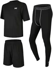 [GRECERELLE] Men's 3-Piece Athletic Set, Ultimate Performance Gear for Running & Fitness - Short Sleeve Top, Shorts, & Compression Tights