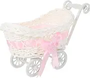 Gadpiparty Rattan Doll Stroller Wicker Baby Girl Carriage Wicker Toys Imitation Toys Doll Stroller Doll Pram Vintage Flower Basket with Wheels for Play House Toy Kids Bedroom Decoration Photo Props Pink