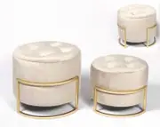 Premium set of 2 round nesting ottomans beige velvet