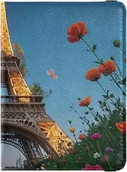 [Amooorous] Romantic Parisian Iron Tower with Flowers Leather decorative passport holder for travel men Travel Documents Organizer Protector Passport Case Travel Documents Wallet Ultra Slim, Romantic Parisian