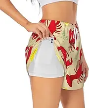 [WURTON] Lobster and Crab Print Exercise Gym Workout Shorts Women's Athletic Shorts Dual-Layered Yoga Running Shorts