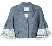 $2790 New Oscar de la Renta Silk Linen Donegal Jacket Bell LACE Sleeves Blue 2 4